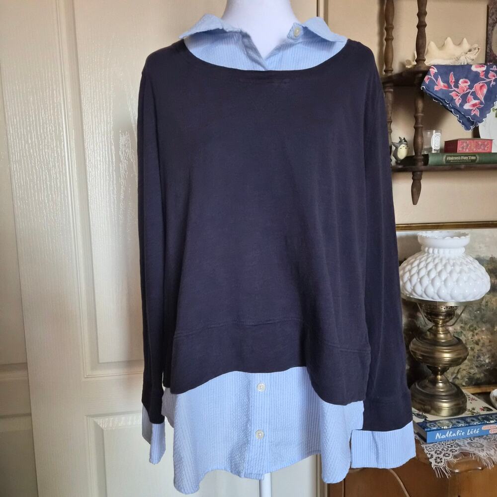 Tommy Hilfiger Layered Shirt Sweater Navy Blue XL Preppy Coastal